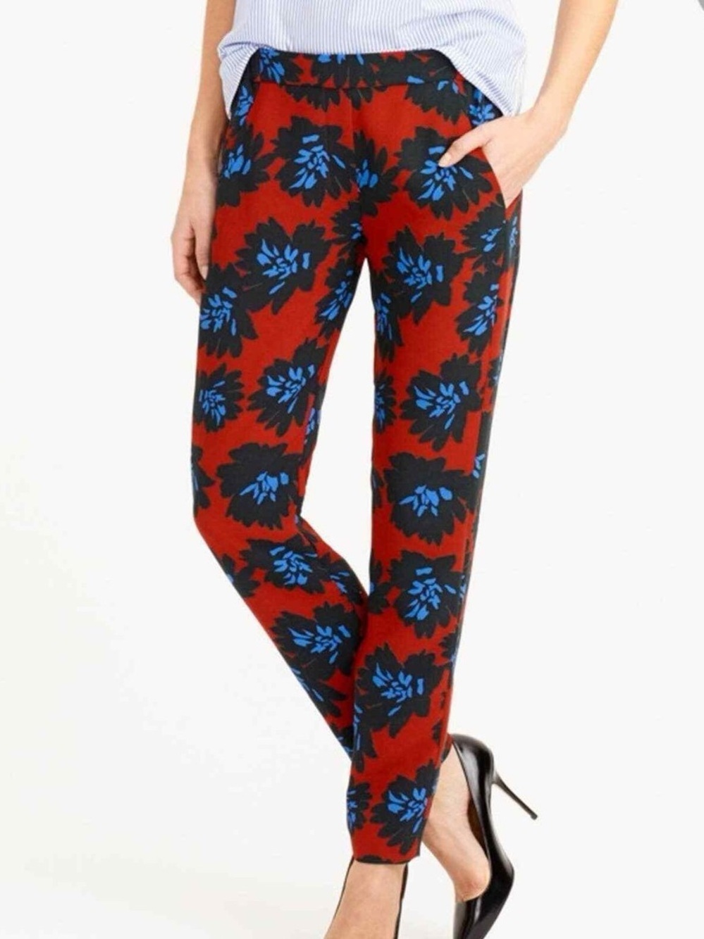 J.Crew Floral Drapey Pull-On Slim Straight Pants Red Blue Size 6